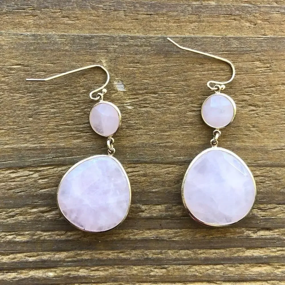 Light Pink and Gold Marbled Stone 2 Tier Dangle Earrings
